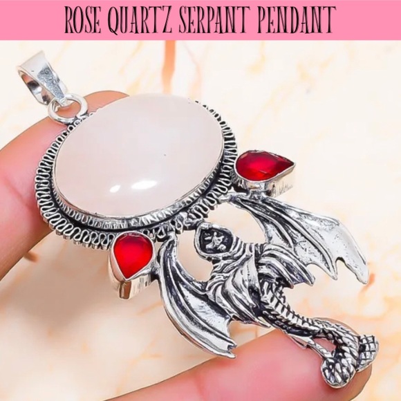 Rose Quartz Gemstone Handmade Winged Serpant Pendant Necklace - Picture 1 of 3